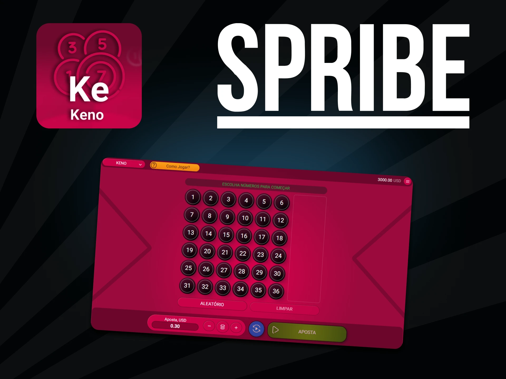 Para um jogo Spribe, escolha Keno.