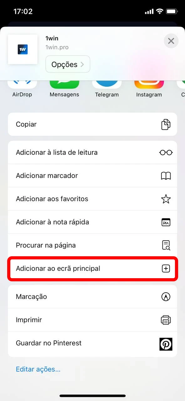 Instale a aplicação 1win no seu telemóvel.