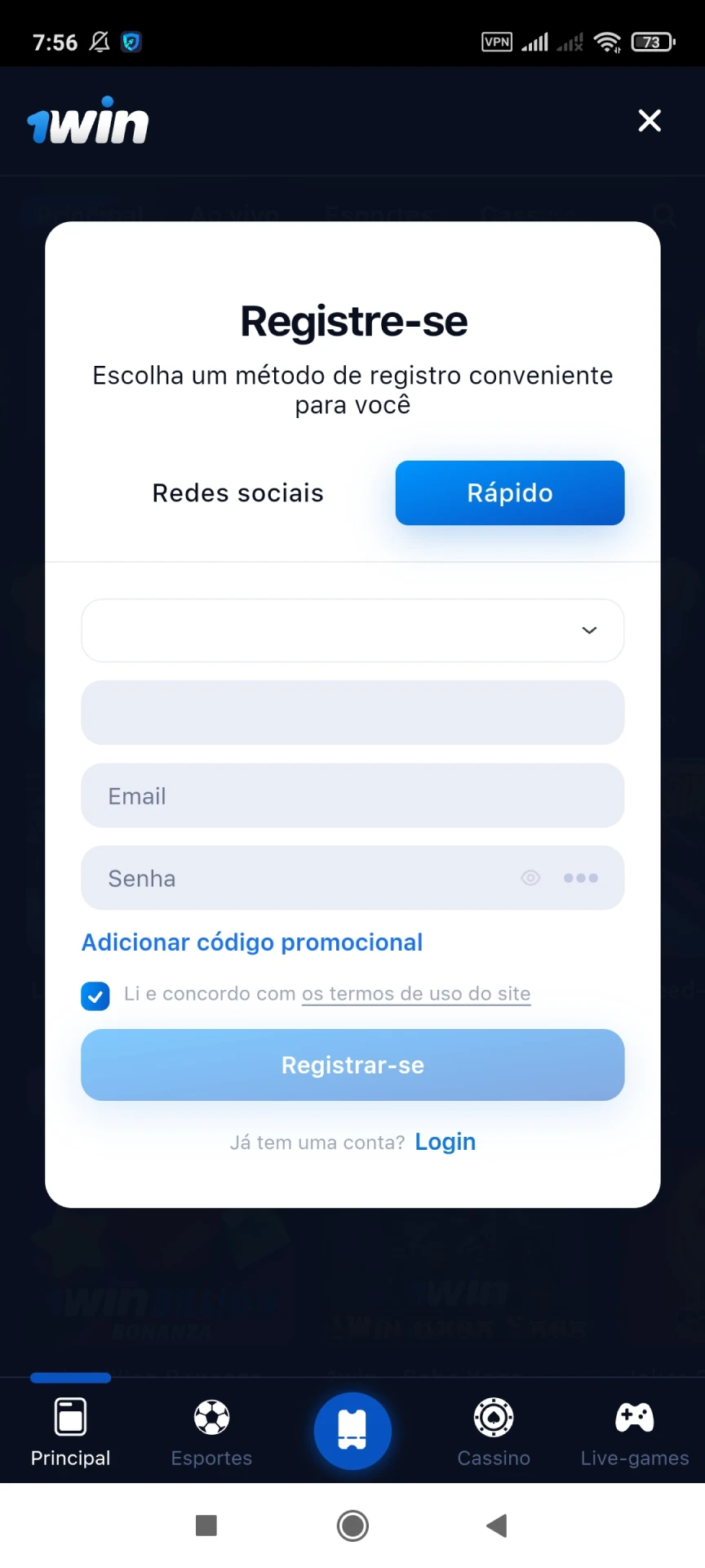 Visite a página de registro do aplicativo 1win.