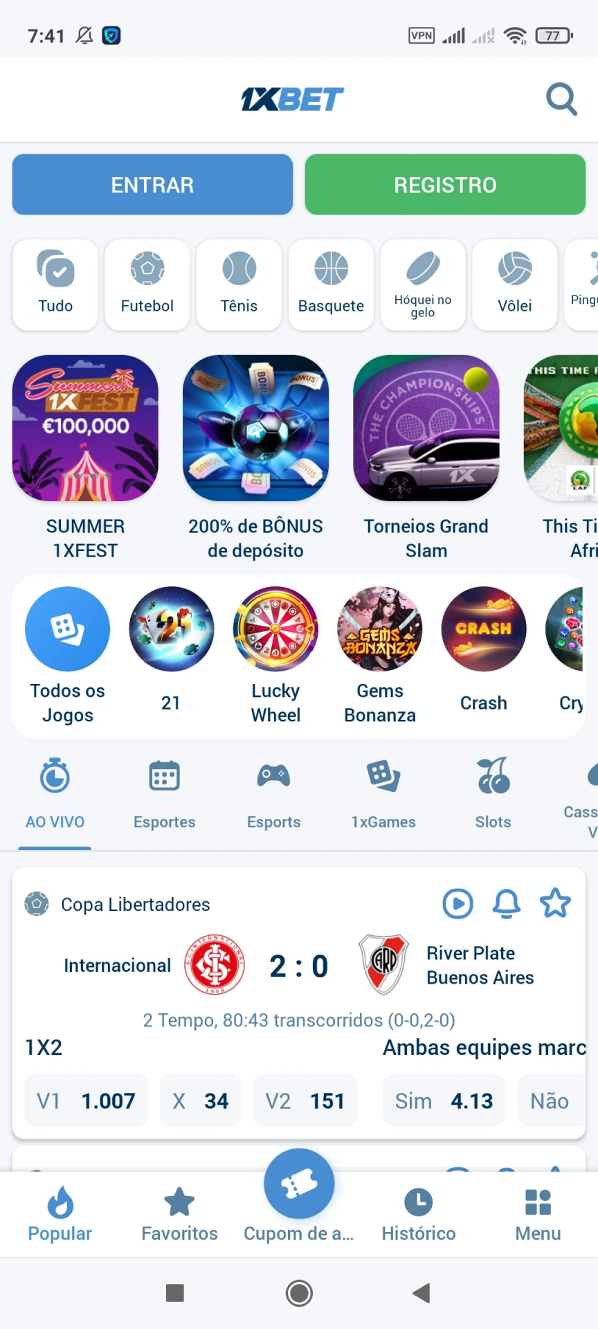 Visite a página principal do aplicativo 1xbet.