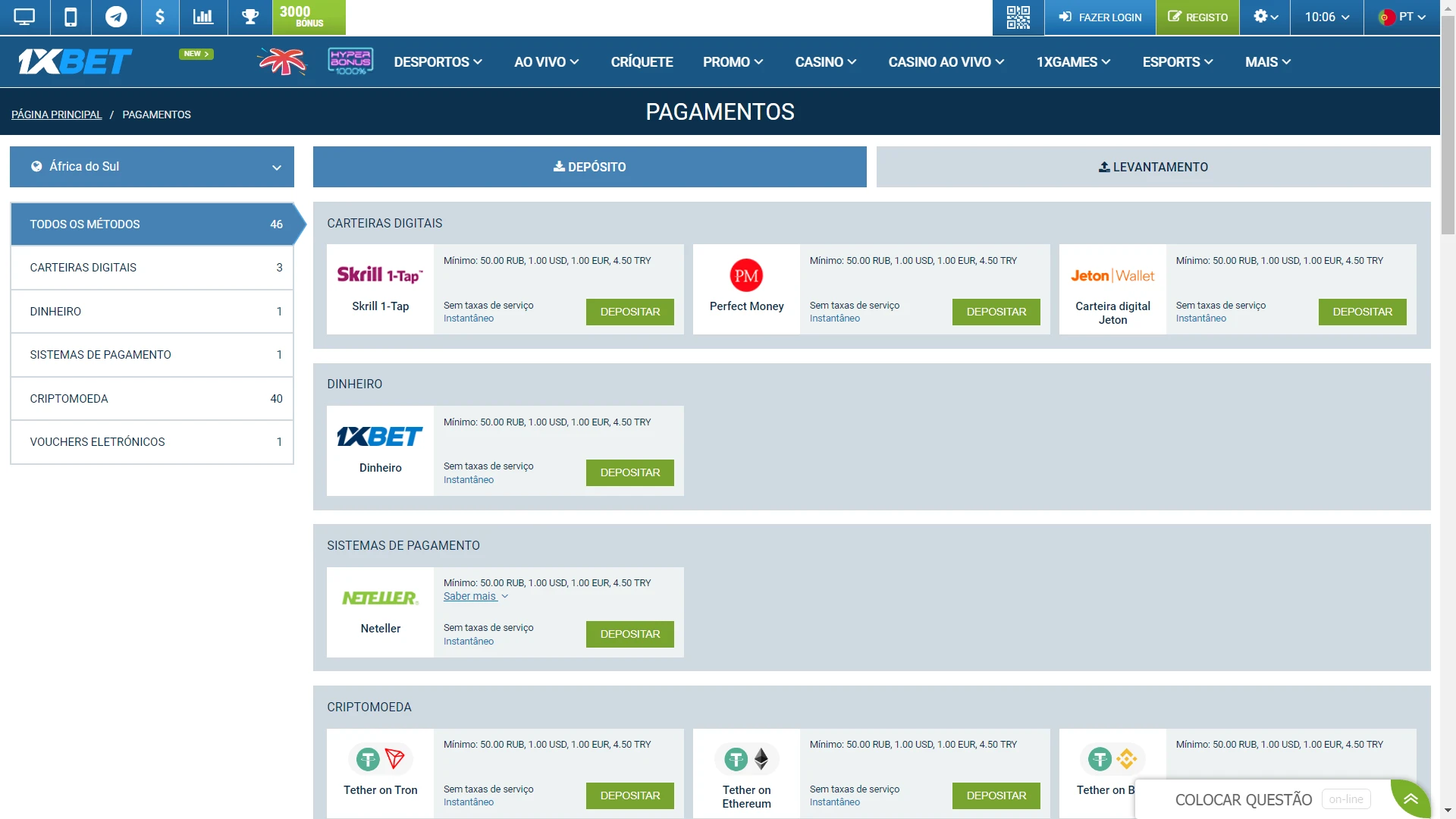 Explore a página de depósito no site da 1xbet.