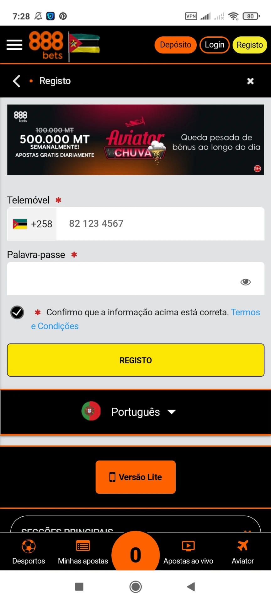 Visite a página de registro do aplicativo 888bets.
