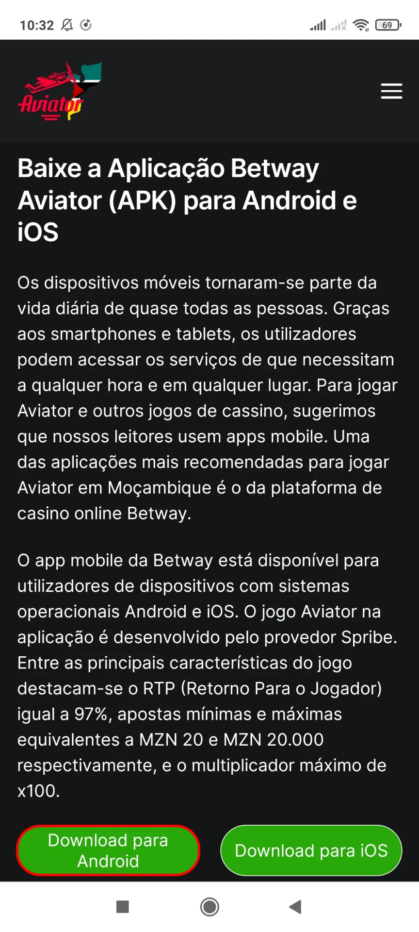 Visite a página oficial da Betway no Android.