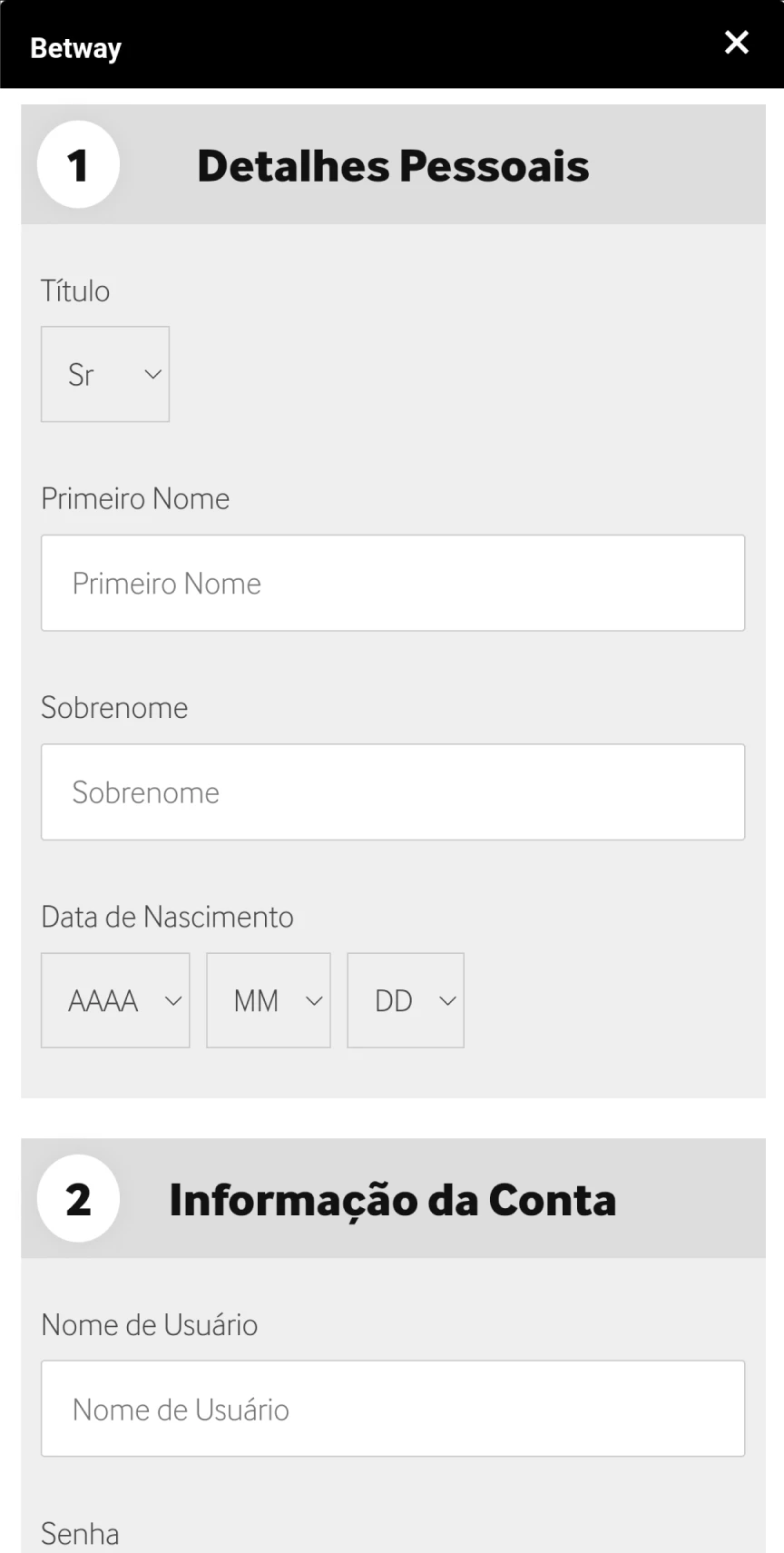 Cadastre-se no aplicativo Betway para iOS.