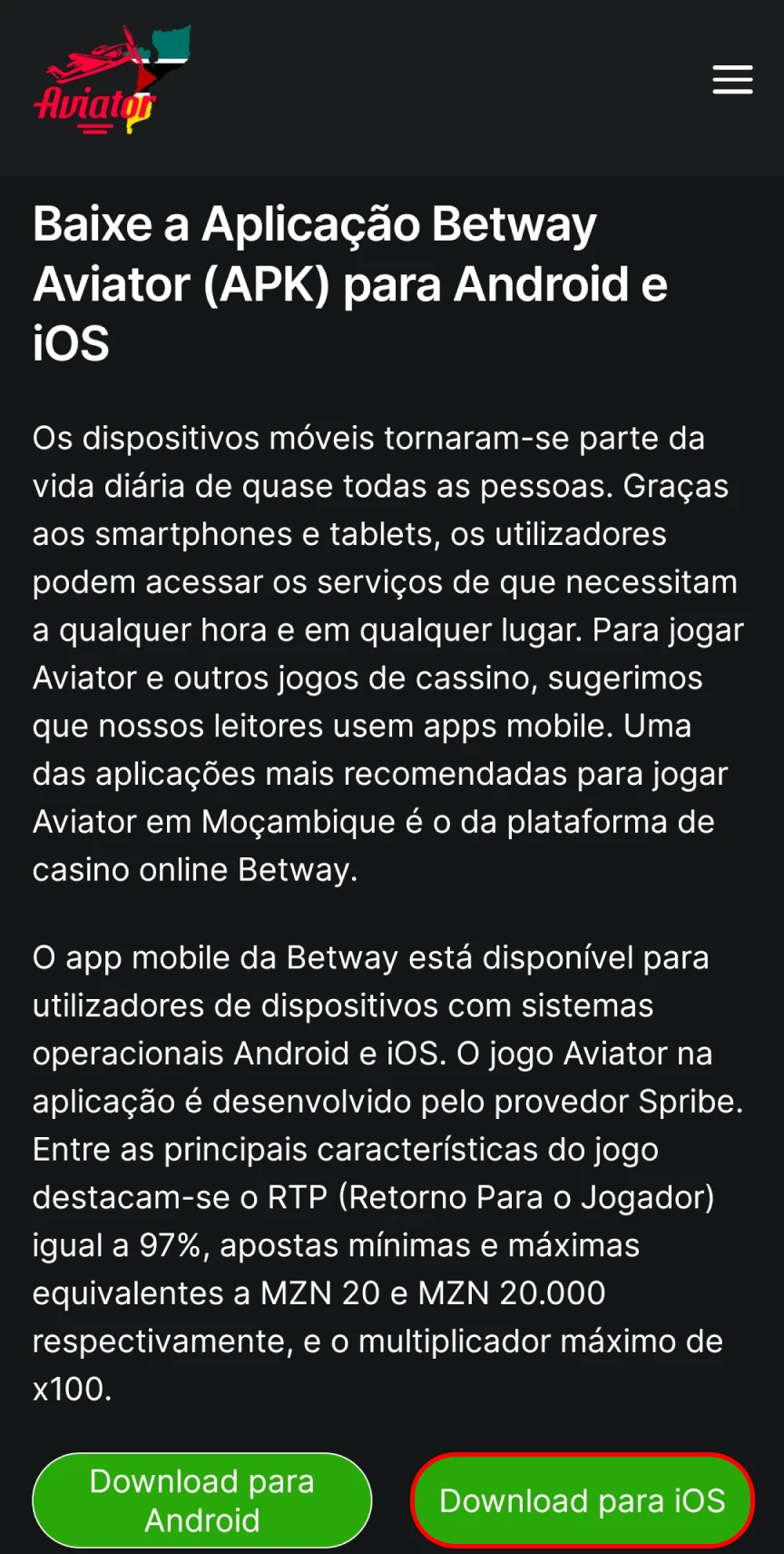 Visite a página oficial da Betway no iOS.