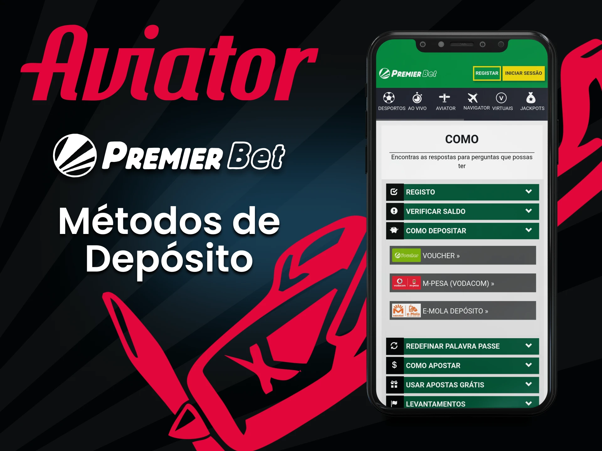 Escolha um método de depósito conveniente para o Aviator da Premier Bet.