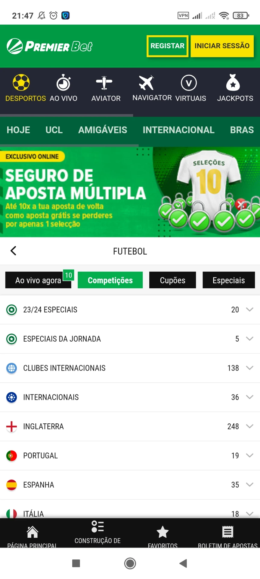 Visite a página de apostas em futebol do aplicativo Premier Bet.
