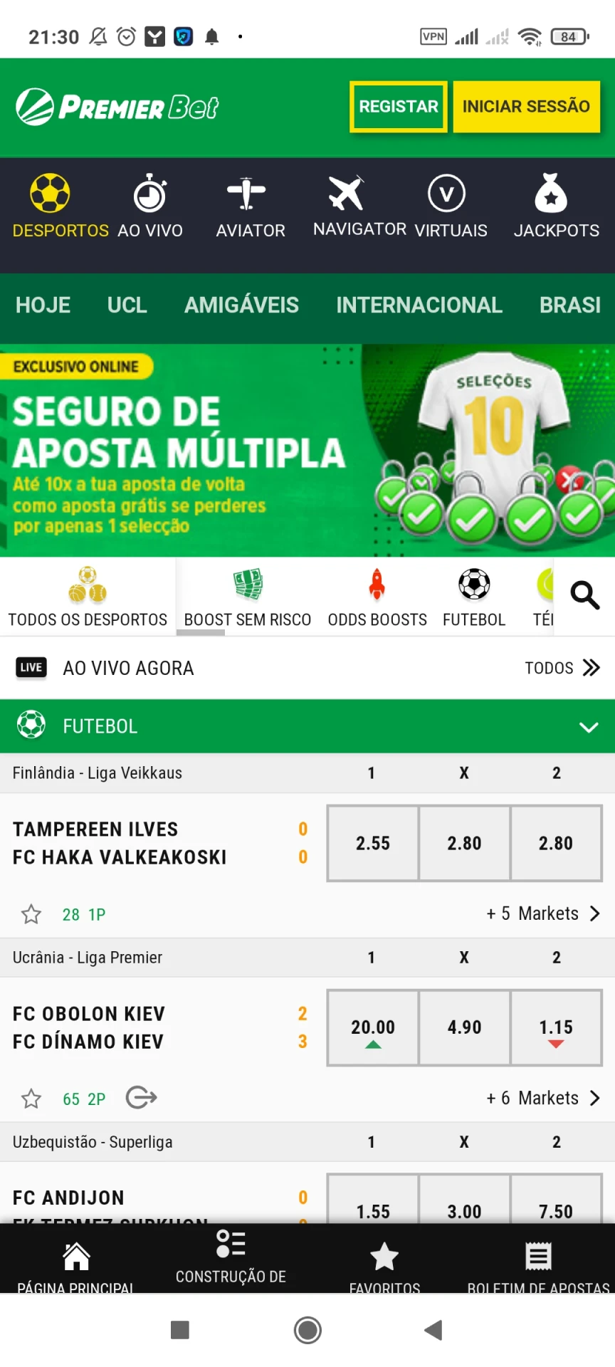 Visite a página principal do aplicativo Premier Bet.