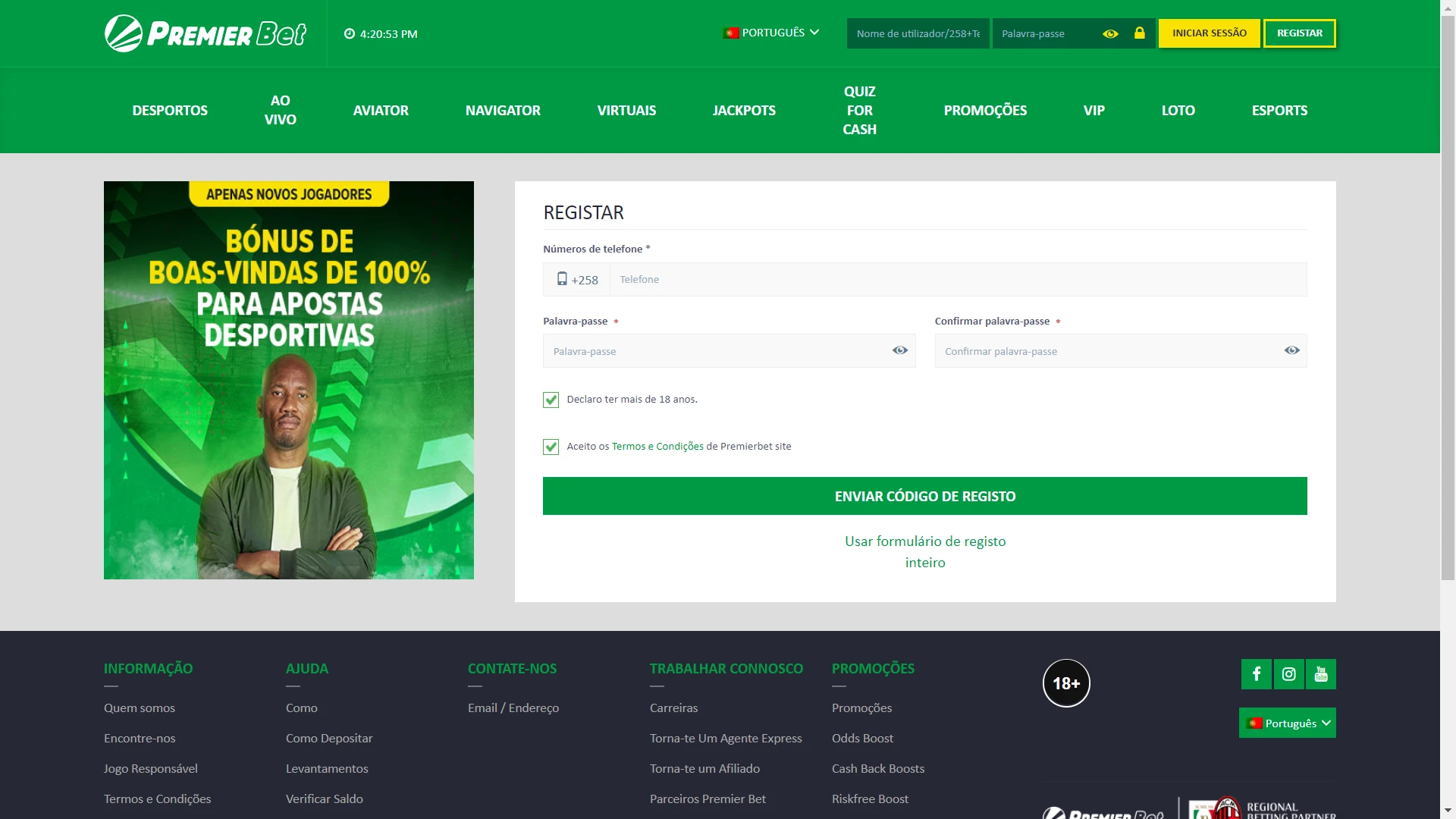 Registre-se no site da Premierbet.