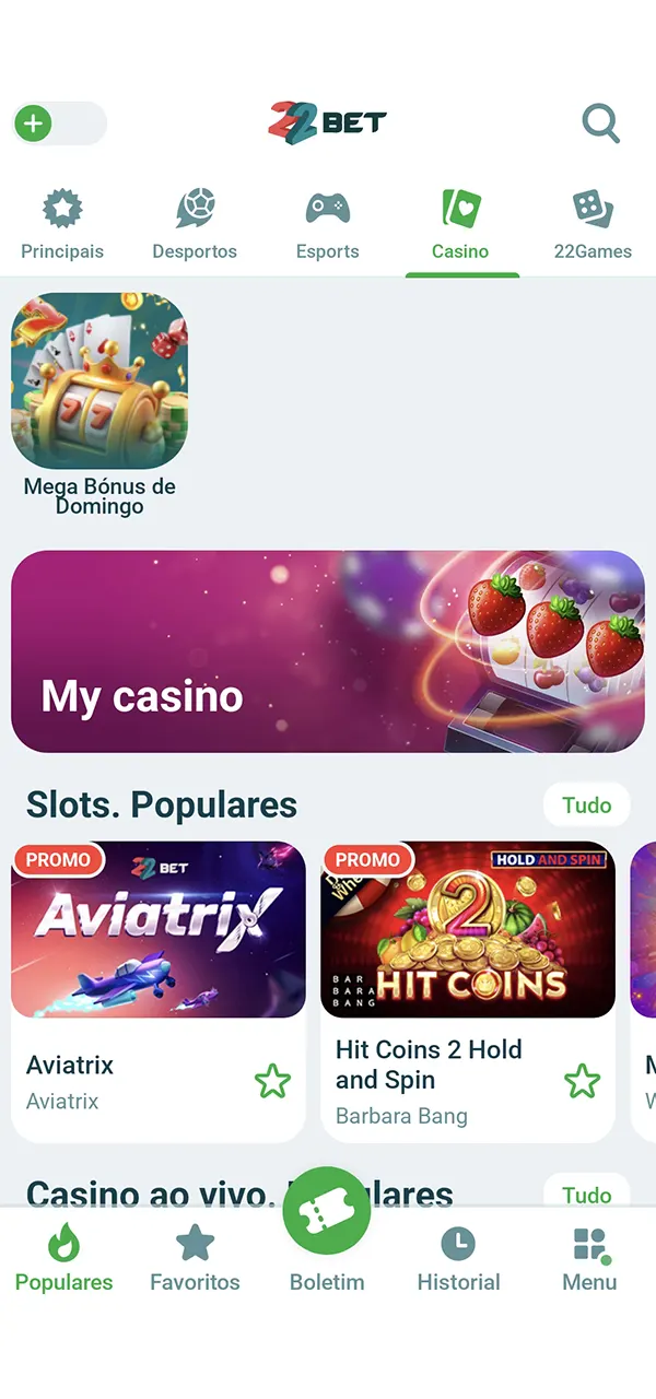 Aceda à interface do casino e inicie o Aviator no 22bet.