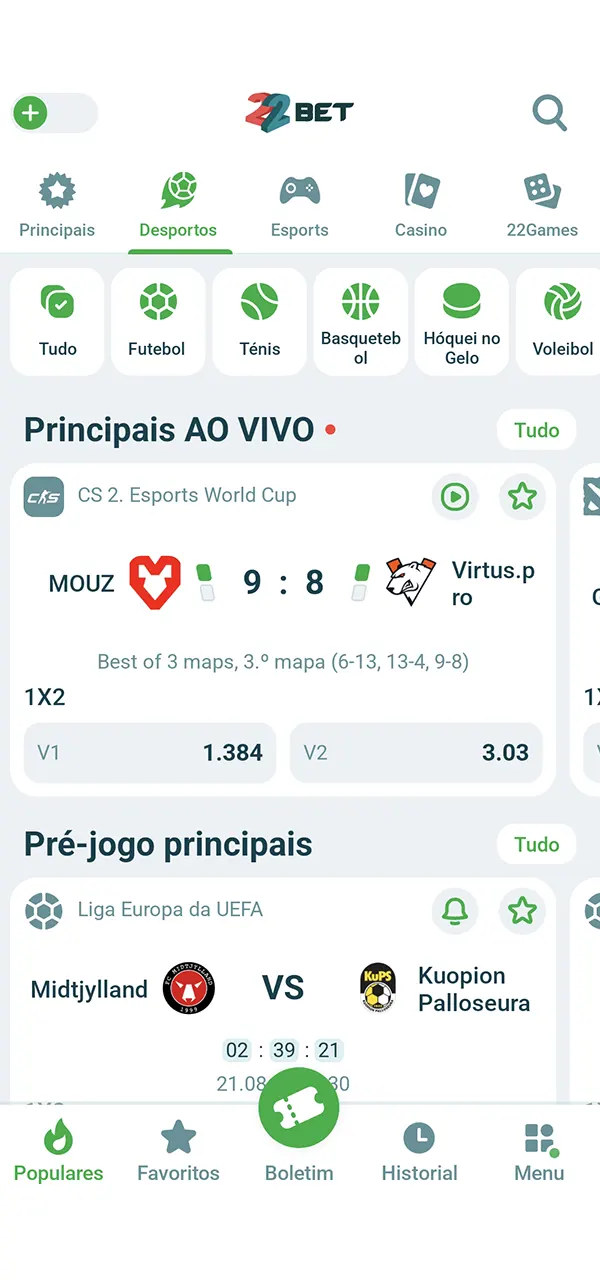 Explore as secções de desporto na 22bet.