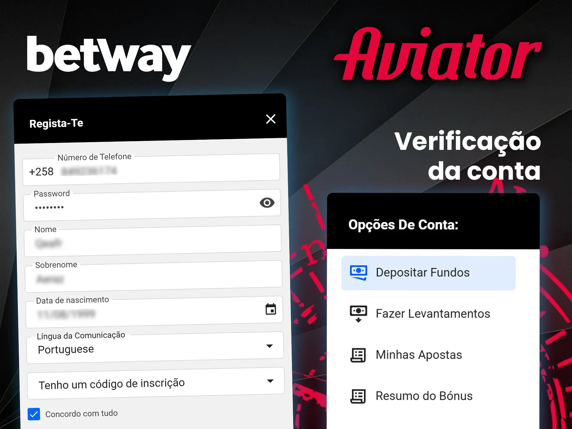 Confirme a sua conta Betway e aceda ao jogo Aviator.